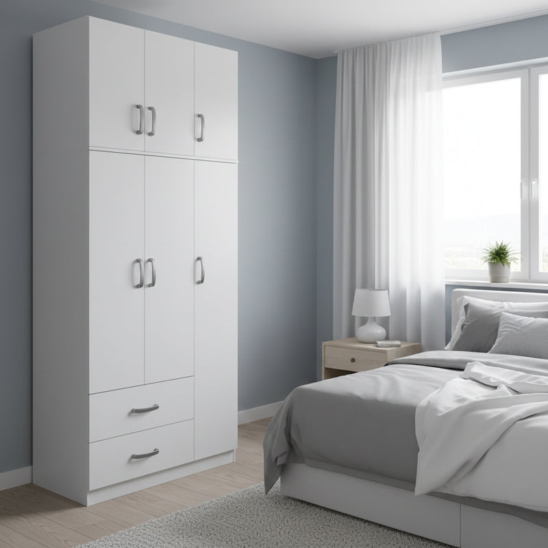 Ντουλάπα τρίφυλλη με 2 συρτάρια και πατάρι Athos σε λευκή απόχρωση 90x42x240εκ