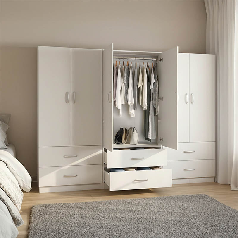 Ντουλάπα εξάφυλλη με συρτάρια Athos λευκή 240x42x180εκ