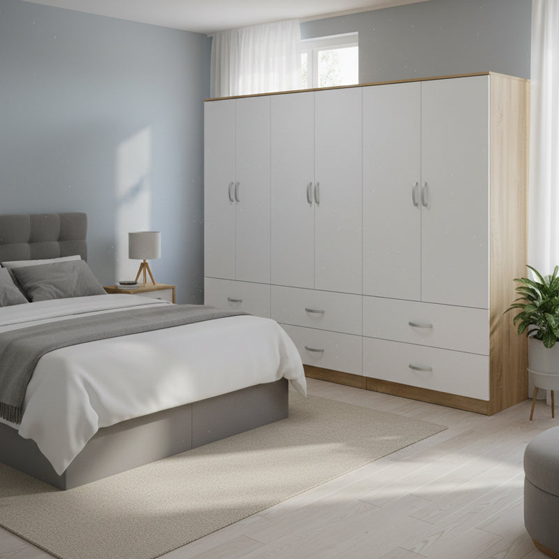 Ντουλάπα εξάφυλλη με συρτάρια Athos sonoma-λευκό 240x42x180εκ