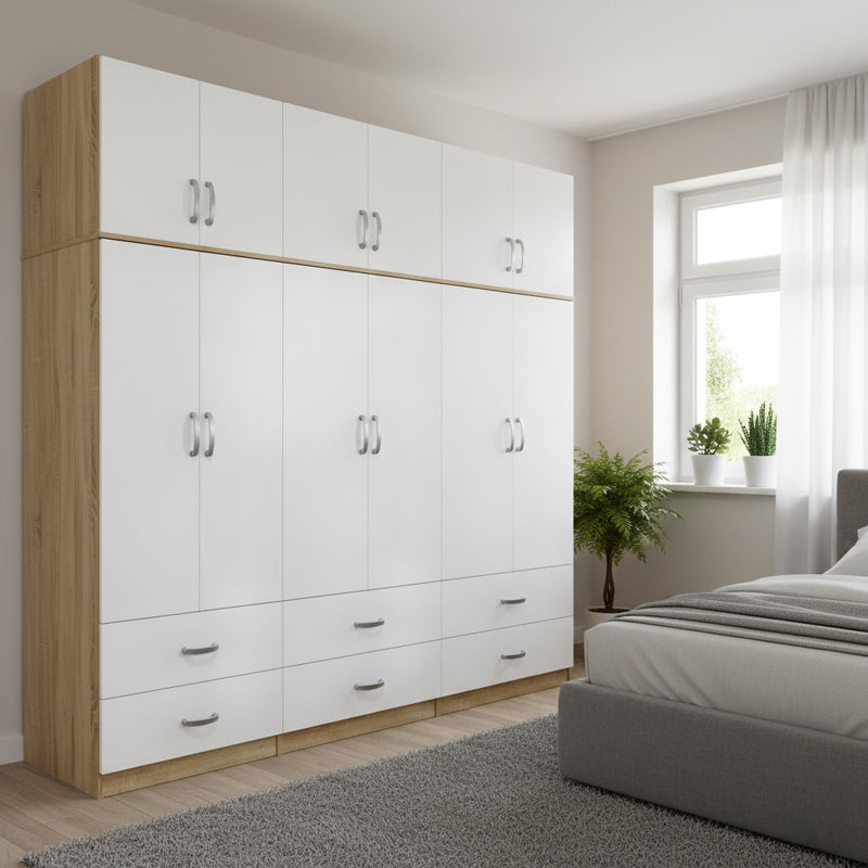 Ντουλάπα εξάφυλλη με συρτάρια και πατάρι Athos sonoma-λευκή 240x42x240εκ