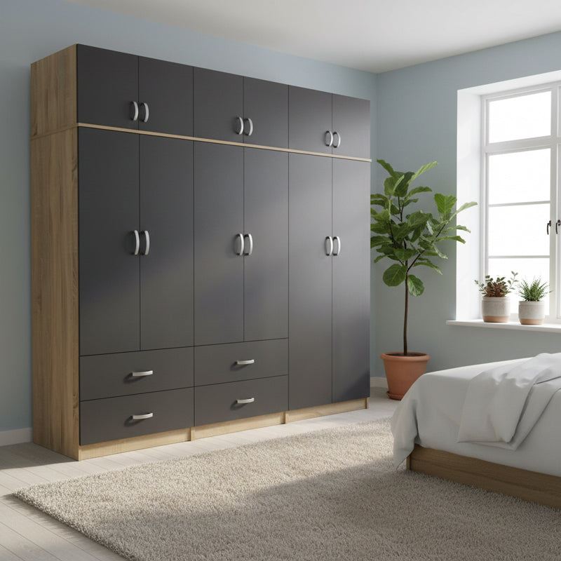 Ντουλάπα εξάφυλλη με πατάρι Athos sonoma-ανθρακί 240x42x240εκ
