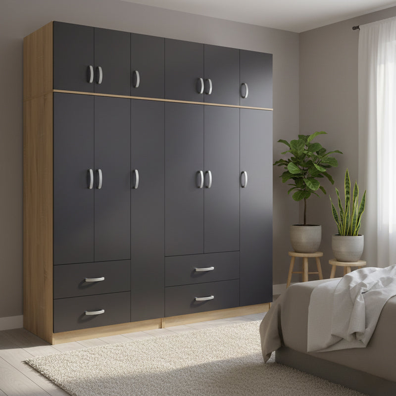 Ντουλάπα εξάφυλλη με πατάρι Athos sonoma-ανθρακί 180x42x240εκ