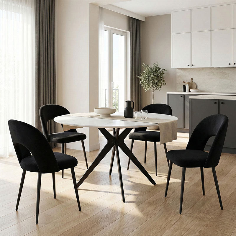 Τραπέζι Orbital sintered stone λευκή όψη μαρμάρου με μαύρα μεταλλικά πόδια Φ120x76εκ