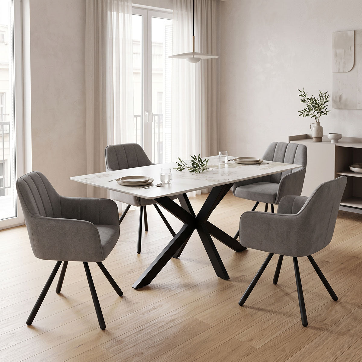 Τραπέζι Bethan sintered stone-μέταλλο λευκό μαρμάρου-μαύρο 160x80x75εκ