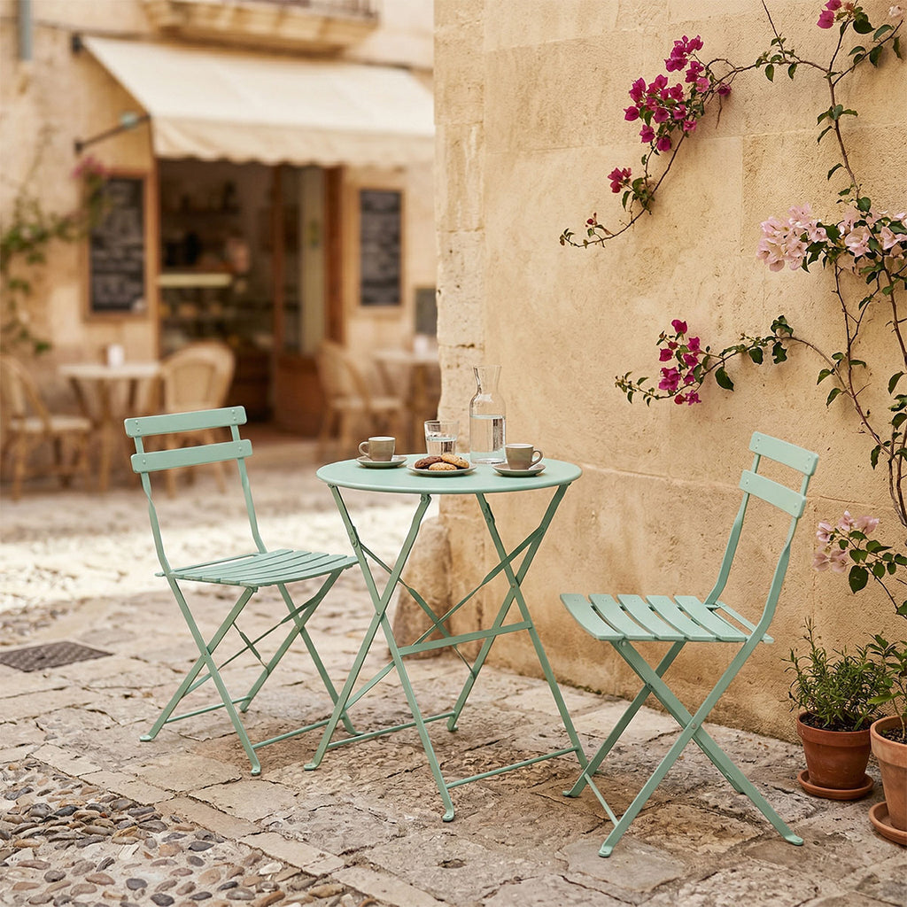 Τραπεζαρία Bistro σετ 3τεμ μεταλλική αναδιπλούμενη σε μέντα απόχρωση Φ60x71εκ