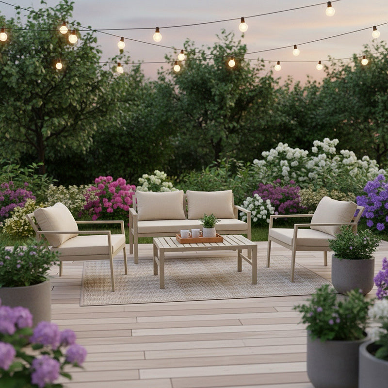 Σαλόνι Gardenly σετ 4τμχ αλουμίνιο σε απόχρωση cappuccino με μπεζ μαξιλάρια