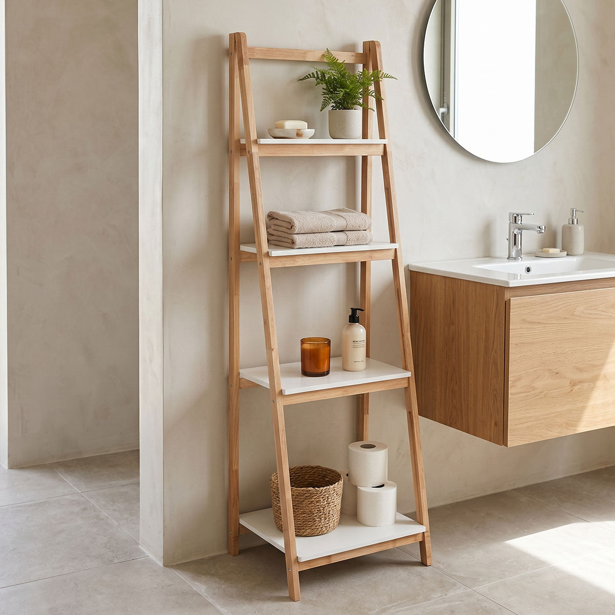 Ραφιέρα δαπέδου Benwen πτυσσόμενη rubberwood-mdf σε λευκή-φυσική απόχρωση 42x34.5x140εκ
