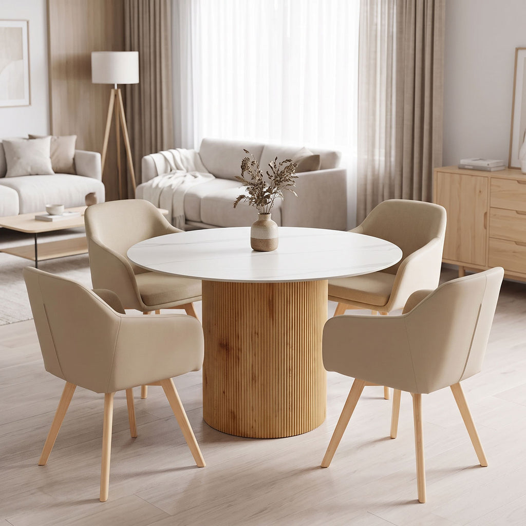 Τραπέζι Sikulu oak MDF με κεραμική επιφάνεια σε λευκό μαρμάρου Φ125x77εκ