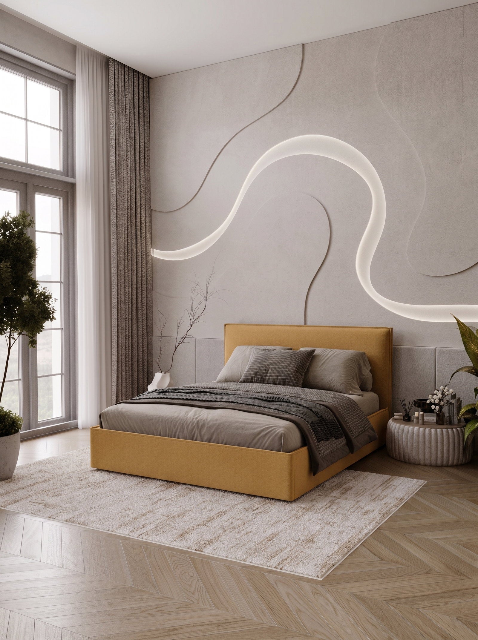 Επενδυμένο Κρεβάτι Bianco Grant-Μουσταρδί-160 x 200