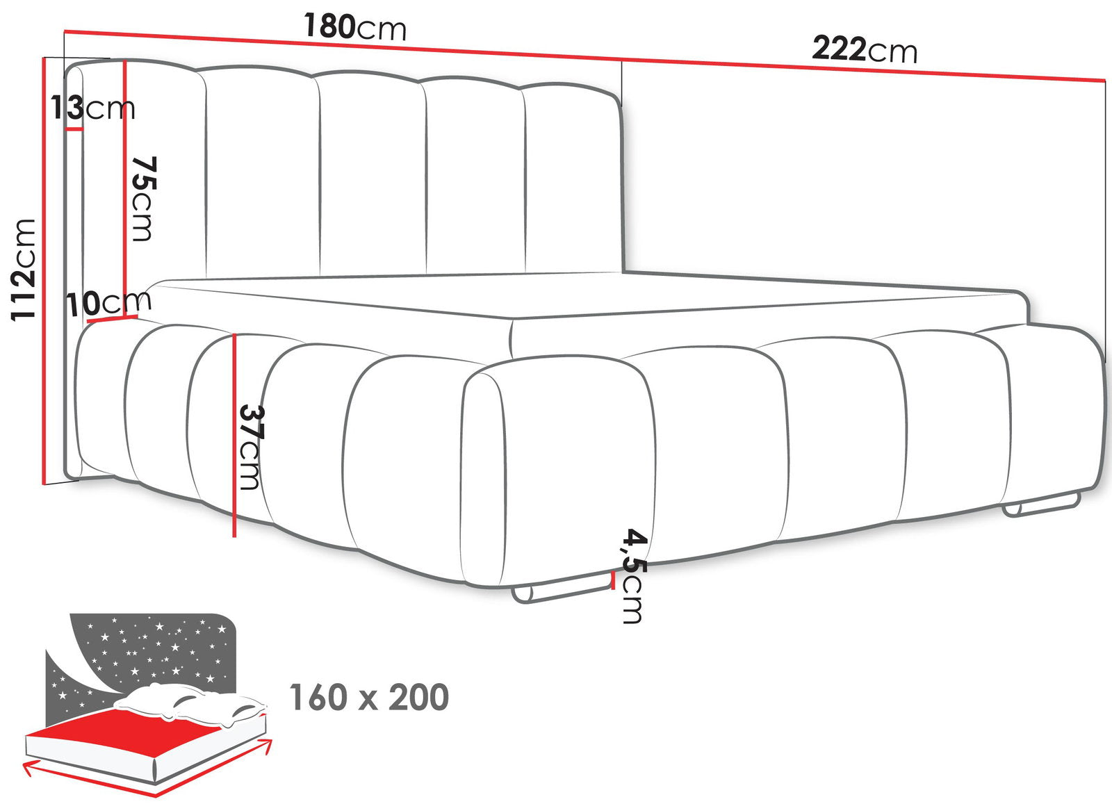 Επενδυμένο κρεβάτι Wizko-Leuko-160 x 200